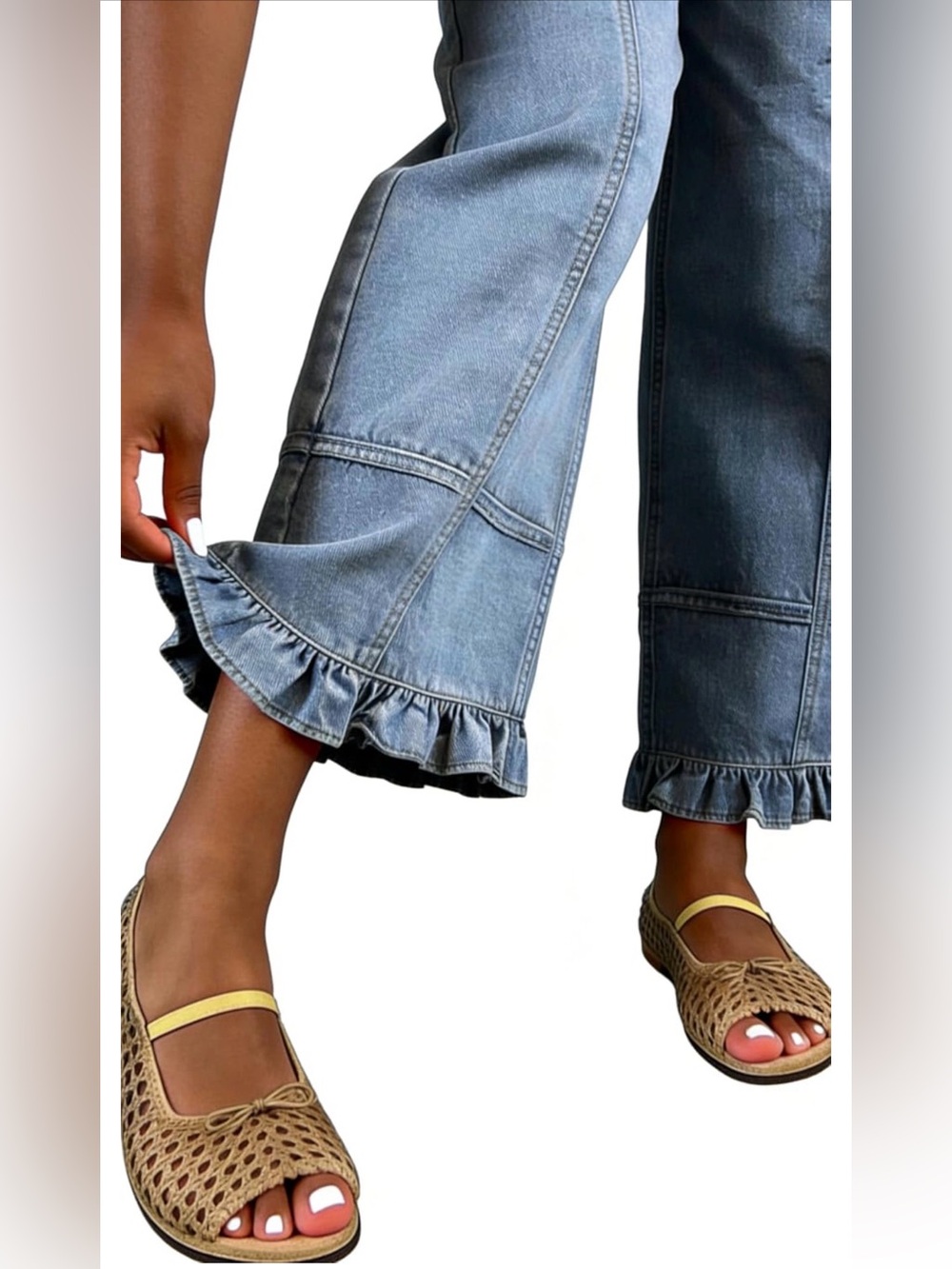 NWT & NIB-Barrel patchwork Ruffle Hem Denim - Picture 2 of 4